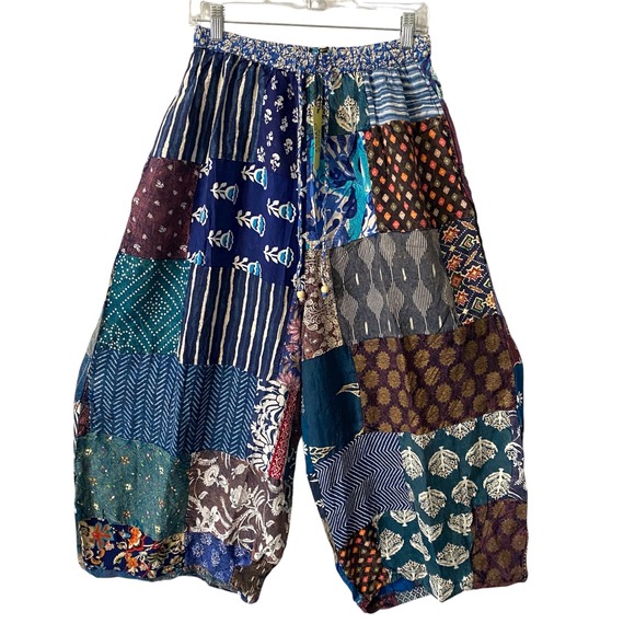 NWT Jaded Gypsy Patchwork Cropped Pants Boho Festiva Drawstring Multicolor Sm/Md - Picture 1 of 8